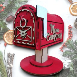 Karácsonyi Postaláda Merry Christmas felirattal és talppal - Ünnepi Lézervágott Kézműves Dekoráció, BTK0154