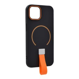 Szilikon telefonvédő (mikrofiber plüss belső, kameravédő, ujjra húzható pánt, MagSafe) FEKETE Apple iPhone 15
