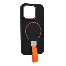 Szilikon telefonvédő (mikrofiber plüss belső, kameravédő, ujjra húzható pánt, MagSafe) FEKETE Apple iPhone 15 Pro