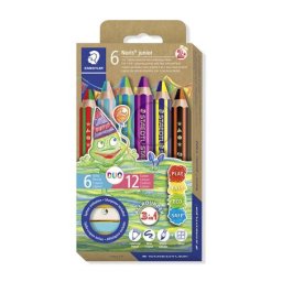 STAEDTLER Színes ceruza készlet, duo színű, hegyezővel, STAEDTLER "Noris(R) junior 140", 6 különböző szín
