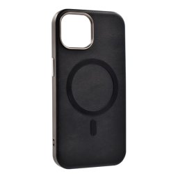Szilikon telefonvédő (ECO bőr hatású hátlap, karcolásmentesítő belső, fém kameravédő, MagSafe, prémium) FEKETE Apple iPhone 15