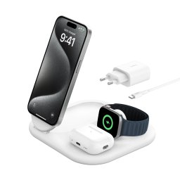 Belkin BOOST CHARGE Qi2 15 W 3 az 1-ben mágneses töltőállvány, összecsukható, fehér
