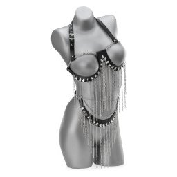 BDSM KÉSZLET LÁNCOKKAL MELLTARTÓ NYITOTT MELLEKKEL + ÖV