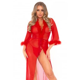 Leg Avenue Marabou Trimmed Robe & String Panty 86111 Red- piros köpeny