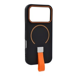 Szilikon telefonvédő (mikrofiber plüss belső, kameravédő, ujjra húzható pánt, MagSafe) FEKETE Apple iPhone 17 Pro Max