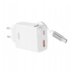 XO CE31 hálózati töltő USB+Type-C aljzat (30W, PD gyorstöltő 3.0 + fix csévélhető Type-C kábel) FEHÉR