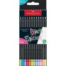 FABER-CASTELL Színes ceruza készlet, háromszögletű, FABER-CASTELL "Black Edition", 6-6 különböző neon és pasztell szín