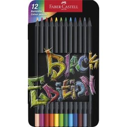 FABER-CASTELL Színes ceruza készlet, háromszögletű, fémdobozban, FABER-CASTELL "Black Edition", 12 különböző szín