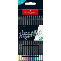FABER-CASTELL Színes ceruza készlet, háromszögletű, FABER-CASTELL "Black Edition", 12 különböző metál szín