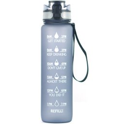 Prémium motivációs sport kulacs, idősáv, motivációs szöveg, kézpánttal, 1000 ml, Wooze You Did It, szürke
