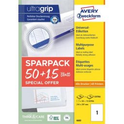 AVERY ZWECKFORM Etikett, univerzális, 210x297 mm, AVERY ZWECKFORM, "Sparpack", 65 etikett/csomag