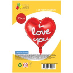 I Love You, szív, piros, Fólia lufi, 18"/45 cm,