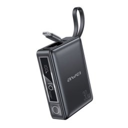 AWEI P87K vésztöltő USB+Type-C aljzat (10000mAh, 30W, PD gyorstöltő + fix Type-C kábel) FEKETE