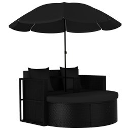 vidaXL fekete polyrattan kerti ágy napernyővel
