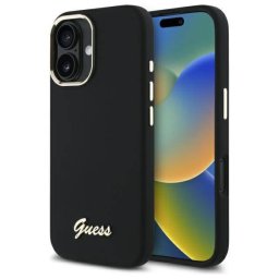 Guess GUHCP16MSMBSLK iPhone 16 Plus 6.7" fekete keménytok szilikon script fém logó és keret