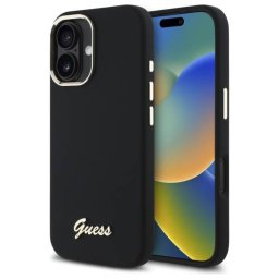 Guess GUHCP16SSMBSLK iPhone 16 6.1" fekete keménytok szilikon script fém logó és keret