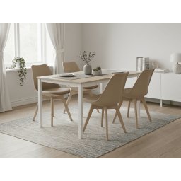 Étkező szett 1 + 4, fehér TESSA asztal 120x60 cm tölgy dekor + bézs BALI MARK szék bükk lábakkal