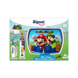 Signal Junior fogkrém 6-13 éves gyerekeknek (2x75) ml + Signal Junior extra puha fogkefe 6-13 éves gyerekeknek + Signal Kids Super Mario uzsonnás doboz