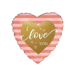 Fólia lufi, szív, I love You, pink csíkos, 45 cm