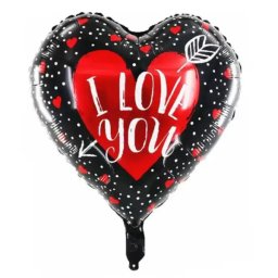 Fólia lufi, szív, I love You, fekete-piros, 45 cm