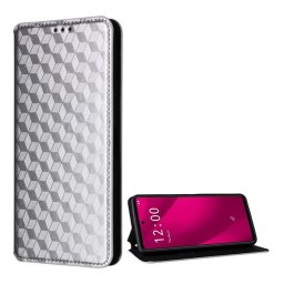 Tok álló, bőr hatású (FLIP, oldalra nyíló, asztali tartó, teljes 3D rombusz, prémium) EZÜST Xiaomi Redmi A5 4G