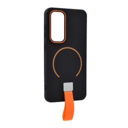 Szilikon telefonvédő (mikrofiber plüss belső, kameravédő, ujjra húzható pánt, MagSafe) FEKETE Samsung Galaxy S25 (SM-S931)