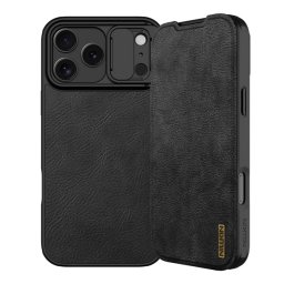 NILLKIN QIN PRO tok álló, bőr hatású (FLIP, oldalra nyíló, kártyazseb, kameravédő) FEKETE Apple iPhone 17 Pro Max