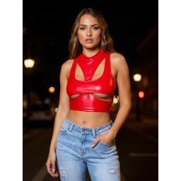 Dögös ultra szexi piros bőrhatású top XS-M méret