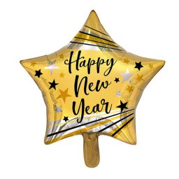 Happy New Year, csillag, arany, fólia lufi, 45 cm,