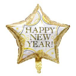 Happy New Year, fólia lufi, csillag, arany, elegáns, 45 cm