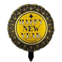 Happy New Year, fólia lufi, gömb, elegáns, arany-fekete, 45 cm