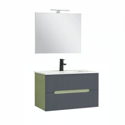 Trent Fürdőszobabútor 80 cm kerámia mosdóval (2 fiókos) tükörrel 60x80 cm pisztáciazöld-antracit szürke