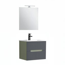Trent Fürdőszobabútor 60 cm kerámia mosdóval (2 fiókos) tükörrel 60x80 cm olivazöld-antracit szürke