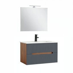 Trent Fürdőszobabútor 80 cm kerámia mosdóval (2 fiókos) tükörrel 60x80 cm sunset tölgy-antracit szürke