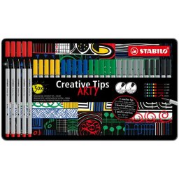 STABILO Tűfilc készlet, fém doboz, STABILO "Creative Tips ARTY", 6 különböző szín, 5 különböző vastagság
