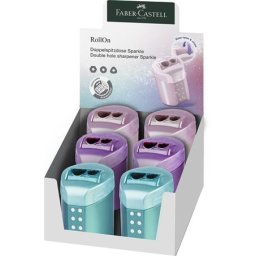 FABER-CASTELL Hegyező, kétlyukú, tartályos, display, FABER-CASTELL "RollOn Sparkle", metál színek