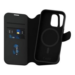 PANZERGLASS CARE TANGO TWO-IN-ONE tok álló, bőr hatású (FLIP, oldalra nyíló, MagSafe, kivehető telefonvédő) FEKETE Apple iPhone 16 Pro