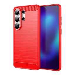 Szilikon telefonvédő (ütésállóság, légpárnás sarok, szálcsiszolt, karbon minta) PIROS Samsung Galaxy S26 Ultra (SM-S948)