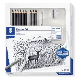 STAEDTLER Grafit- és szénceruza készlet, kiegészítőkkel, 12 darabos, STAEDTLER "Mars(R) Lumograph(R) 100C"