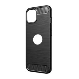 Szilikon telefonvédő (ütésállóság, légpárnás sarok, szálcsiszolt, karbon minta, logó kivágás) FEKETE Apple iPhone 15
