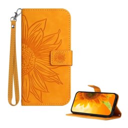 Tok álló, bőr hatású (FLIP, oldalra nyíló, asztali tartó, bankkártya tartó + kézpánt, napraforgó minta) NARANCSSÁRGA T Phone 3 5G