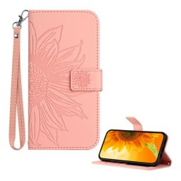 Tok álló, bőr hatású (FLIP, oldalra nyíló, asztali tartó, bankkártya tartó + kézpánt, napraforgó minta) RÓZSASZÍN T Phone 3 5G