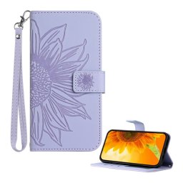 Tok álló, bőr hatású (FLIP, oldalra nyíló, asztali tartó, bankkártya tartó + kézpánt, napraforgó minta) VILÁGOSLILA T Phone 3 5G