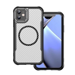 Szilikon telefonvédő (ütésállóság, légpárnás sarok, kameravédő, karbon minta, MagSafe) FEKETE Apple iPhone 12 Pro, iPhone 12