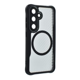 Szilikon telefonvédő (ütésállóság, légpárnás sarok, kameravédő, karbon minta, MagSafe) FEKETE Samsung Galaxy S24 (SM-S921)