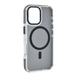 Szilikon telefonvédő (ütésállóság, légpárnás sarok, karbon minta, wireless, MagSafe) SÖTÉTSZÜRKE Apple iPhone 16