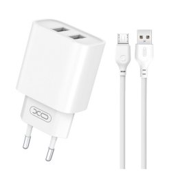 XO CE02C hálózati töltő 2 USB aljzat (10.5W, gyorstöltő + microUSB kábel) FEHÉR