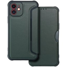 Apple iPhone 17, Oldalra nyíló tok, légpárnás sarok, bőrhatású, karbon minta, Razor Book, zöld