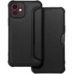 Apple iPhone 17 Pro, Oldalra nyíló tok, légpárnás sarok, bőrhatású, karbon minta, Razor Book, fekete