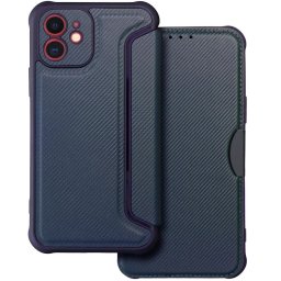 Apple iPhone 17 Pro Max, Oldalra nyíló tok, légpárnás sarok, bőrhatású, karbon minta, Razor Book, kék
